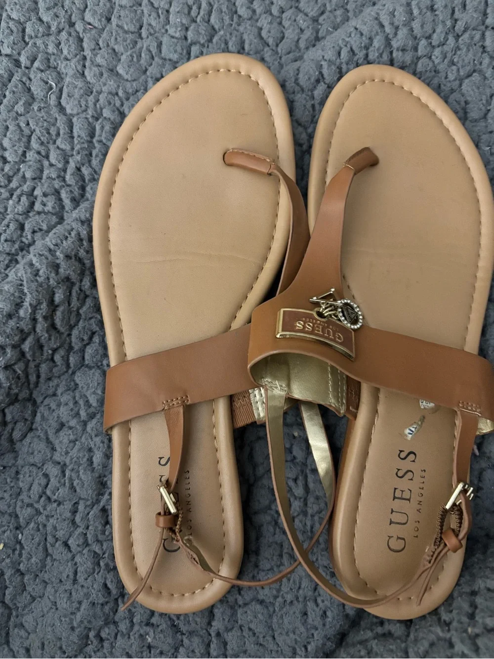 GUESS Brown and Gold Leather Thong Sandals for Women